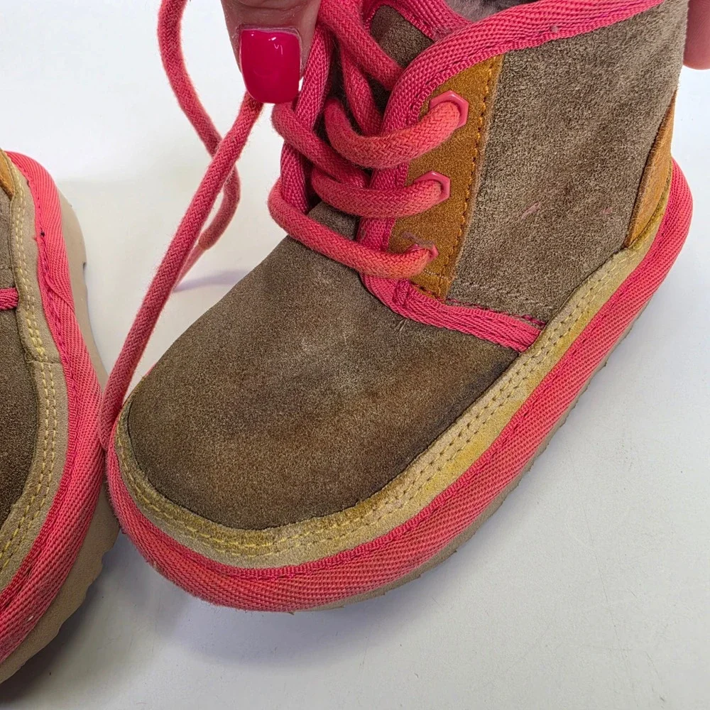 UGG Neumel II Toddler 6C Brown Pink Suede Shearling Lace Up Ankle Boots